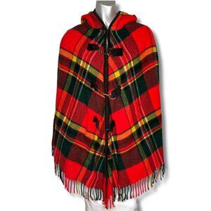 Vtg Country Place Red Tartan Plaid Wool Hooded Poncho Fringe Toggle Cape One Sz